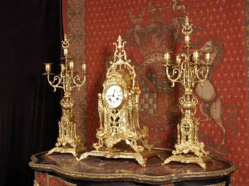 fig 1. ***** SOLD ***** Large Antique French Gilt Brass Clock Set - A. D. Mougin